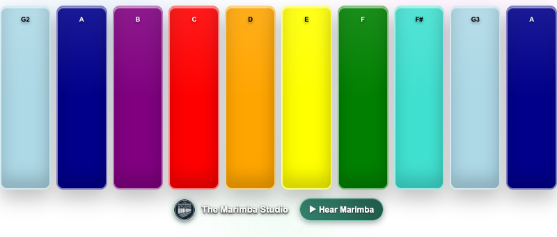 The embedded Free marimba showing the bars, linked watermark and Hear Marimba button, without preview headings or menus.