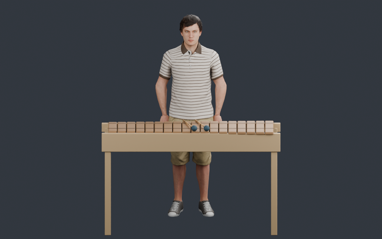 Prof Rumble, the original striped-shirt 3D teacher, standing behind his wooden marimba with two mallets
