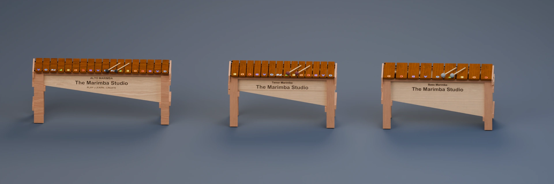 Alto, Tenor and Bass marimbas with their matching mallets