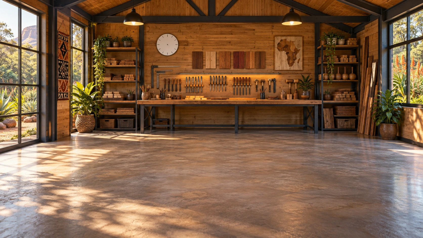 The wooden Marimba Workshop room with its workbench and tools